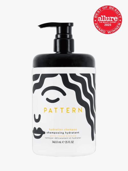 Pattern Hydration Shampoo in branded bottle component with the best of beauty 2025 seal in the top right corner on a light gray background
