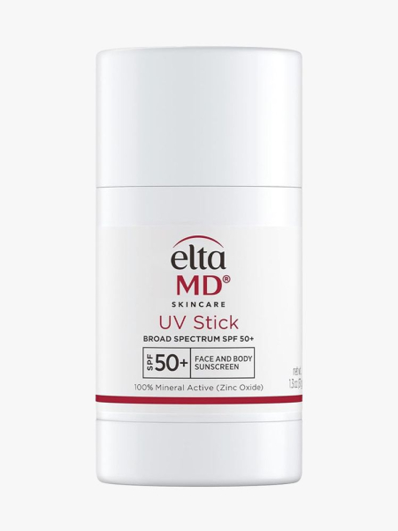 EltaMD UV Stick SPF 50+ white sunscreen stick on light gray background